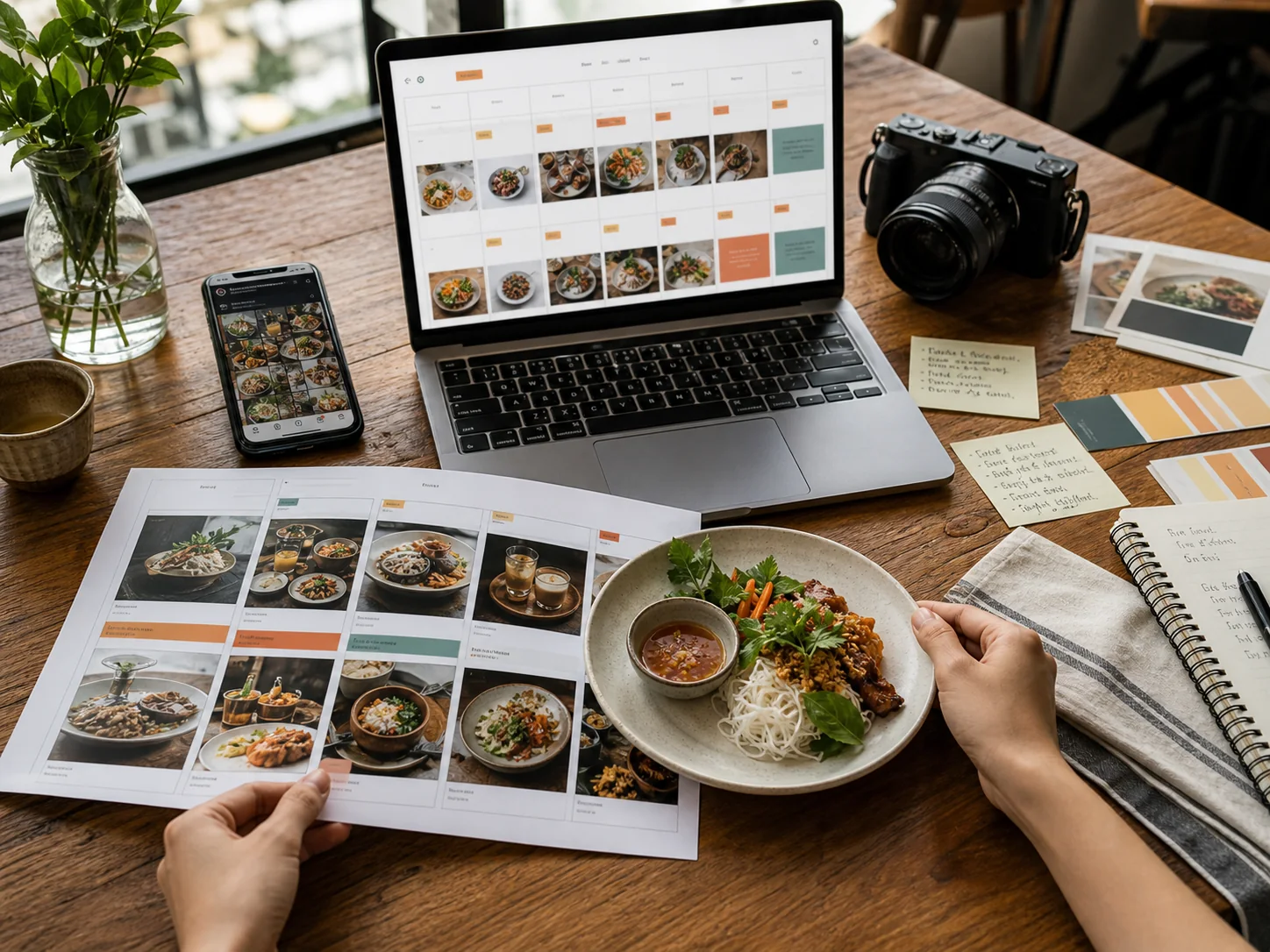 Đội ngũ F&B lập lịch nội dung, lựa chọn hình món ăn và chuẩn bị buổi chụp
